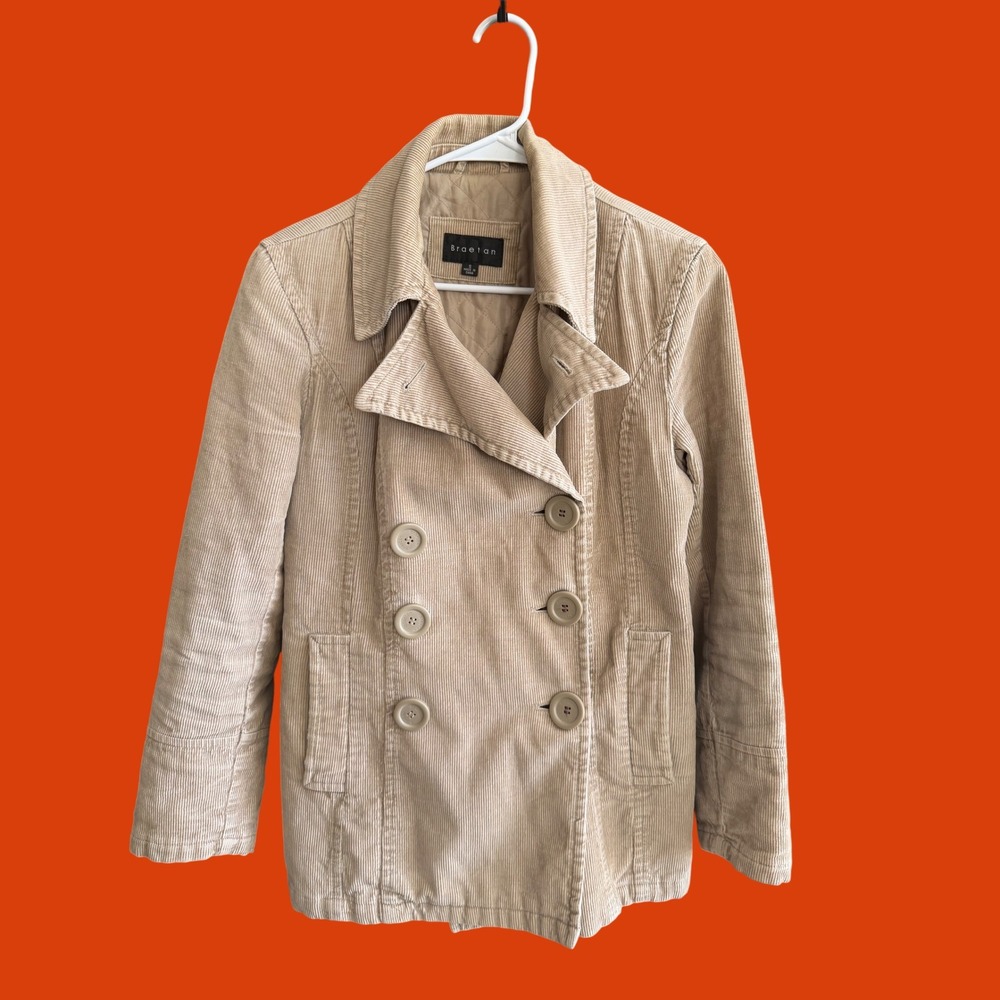 Braetan Tan Corduroy Pea Coat Mens Small Double Breasted Quilted Lined Jacket